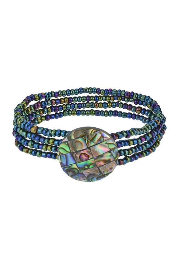Vibrant Abalone Seashell Mosaic with Beaded Multi-Strand Bracelet