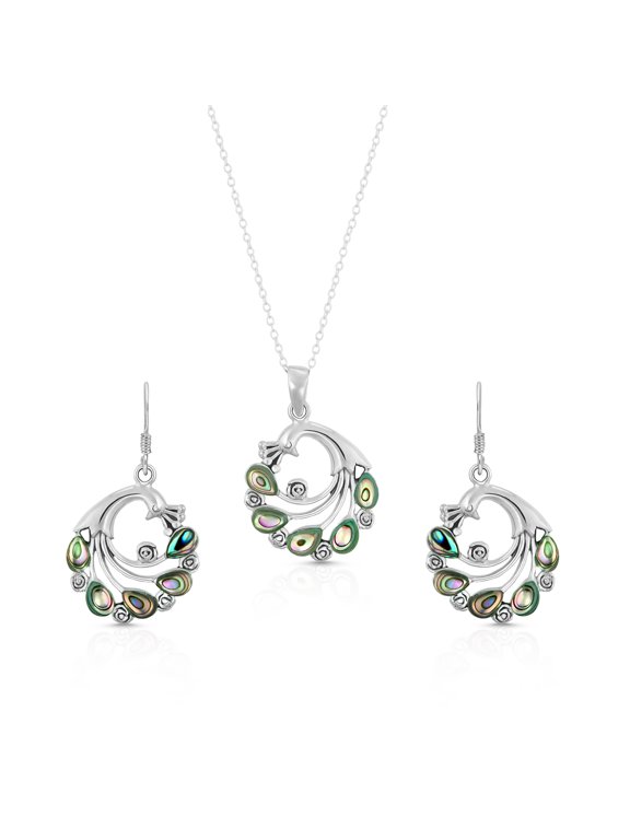 Vibrant Colorful Peacock Abalone Shell Sterling Silver Fish Hook Earrings and Pendant Chain Necklace Jewelry Set Nature and Animals Gifts for Women