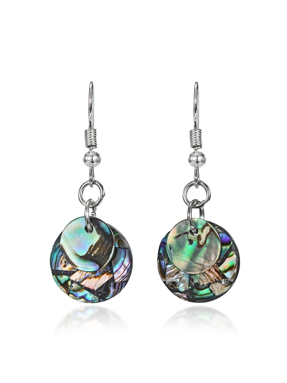 Vibrant Pair of Stacked Discs Abalone Shell Round Fishhook Dangle Earrings