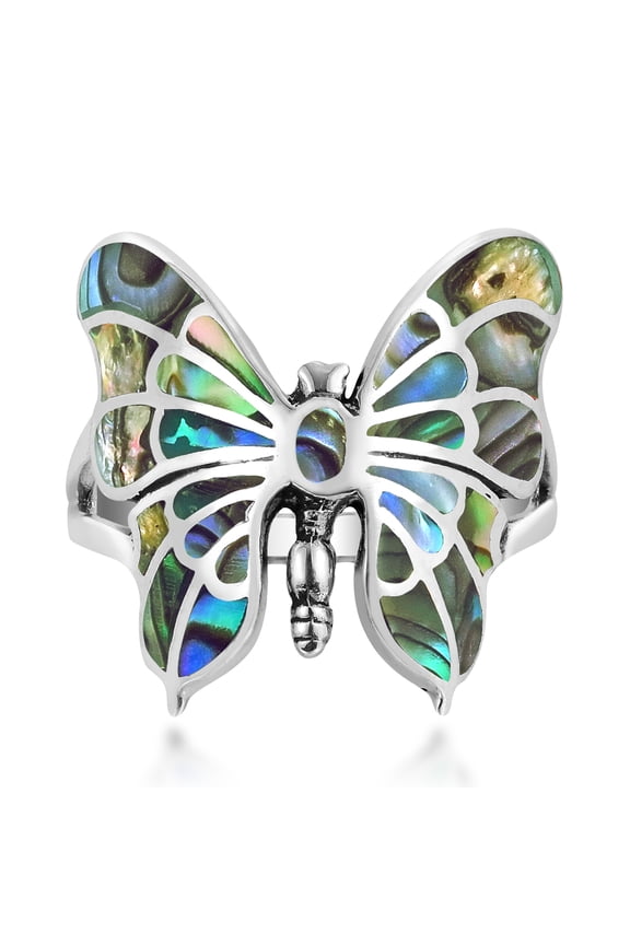Vibrantly Colored Graceful Butterfly Abalone Shell Inlay Sterling Silver Ring – 8