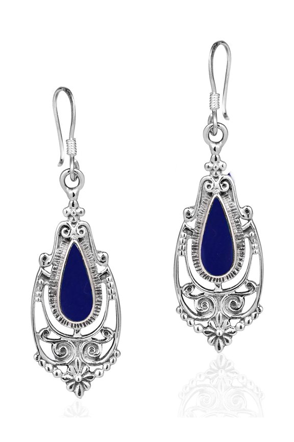Victorian Inspired Classic Teardrop Blue Lapis Lazuli and Sterling Silver Fish Hook Chandalier Dangle Earrings Evening Wear Jewelry Gifts for Women