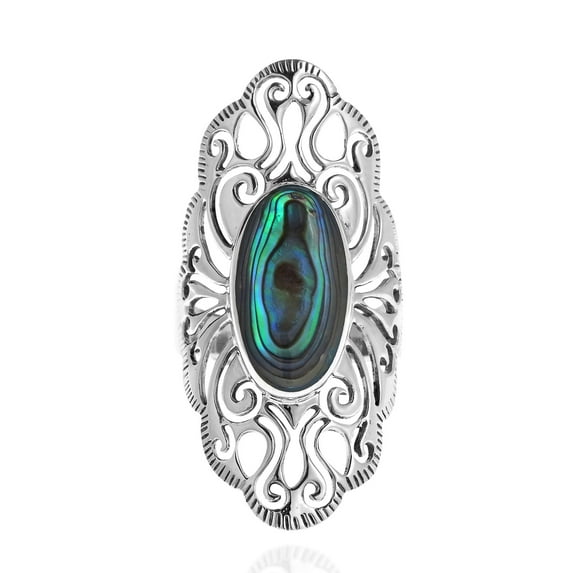 AeraVida Vintage Filigree Swirl Beauty Oval Abalone Shell Sterling Silver Ring-6