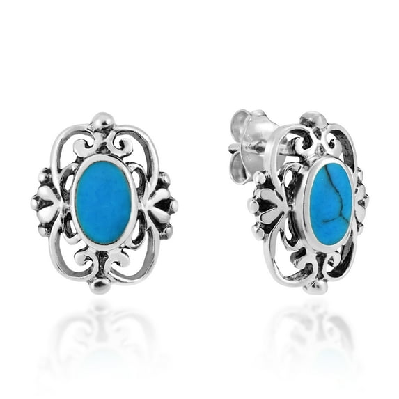AeraVida Vintage Sterling Silver Ornate Swirls Oval Blue Turquoise Inlay Stud Earrings