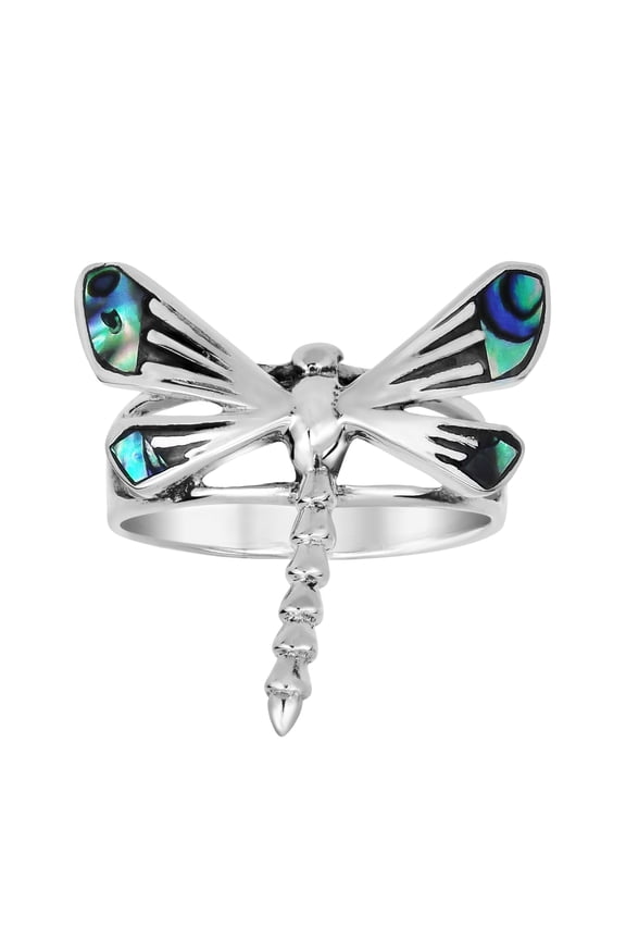 Whimsical Dragonfly Nature Inspired Abalone Inlay Wings Sterling Silver Ring Anniversary Jewelry Gift for Women Accessories Size - 8