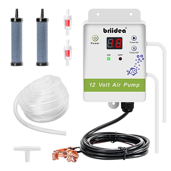 Aerator for Bait Bucket, Briidea 12 Volt Livewell Aerator Pump System with Timing Cycle Function, Dual Outlet, Designed for Use in Fresh and Salt Water, Keep Your Bait Fish Alive