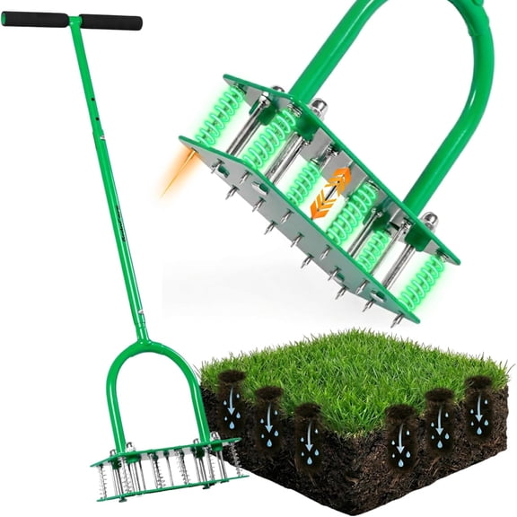 Aerator Lawn Tool with 15 Iron Spikes, 6-Spring Self-Cleaning Heavy-Duty Lawn Aerator Tool -Automatic Reset & Dirt/Leaf Clean System for Soil Loosening & Dethatching in Yard, Patio & Garden