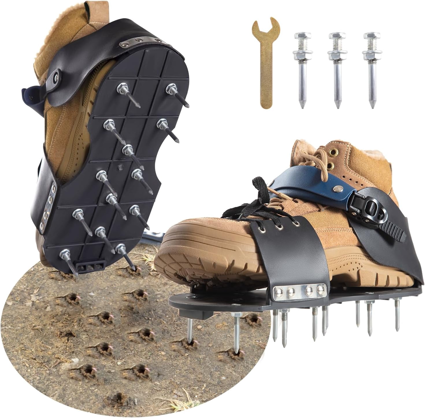 Aerator Shoes, Lawn Shoes for grass with Foot Protection ,Aeration Adjustable Strap, Pre-Assembled Aerating Lawns, Gardens, and Courtyards (Black&Dark Blue)