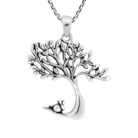 Aeravida Loving Nature Bunny Rabbit Under Tree of Life .925 Sterling Silver Pendant Necklace | Classic Necklace for Women | Multipurpose Long Necklace Accessories | Classic Necklace | Gift for Women