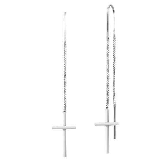 Aeravida Sleek Cross Sterling Silver Slide-Through Long Thread Dangle Earrings for Female