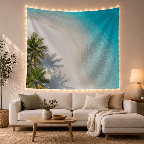 Aerial Beach with Palm Trees and Clear Water, Serene Coastal Style for Beach Lovers, Coastal Wall Art, Housewarming Gift, Tapestry Wall Hanging for Bedroom and Living Room