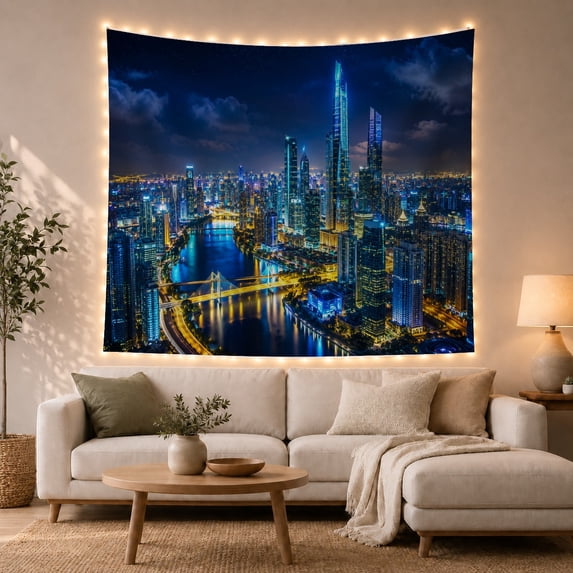Aerial Nighttime Cityscape With Photograph, Mystical Fantasy for Space Lovers, Galaxy Room Decor, Valentine's Day Gift, Tapestry Wall Hanging for Bedroom and Dorm
