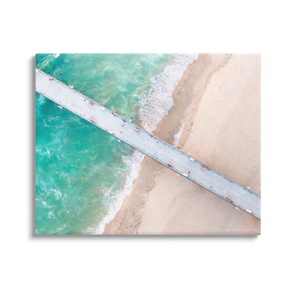 Aerial Ocean Beach Bridge Coastal Photograph Gallery Wrapped Canvas Print Wall Art