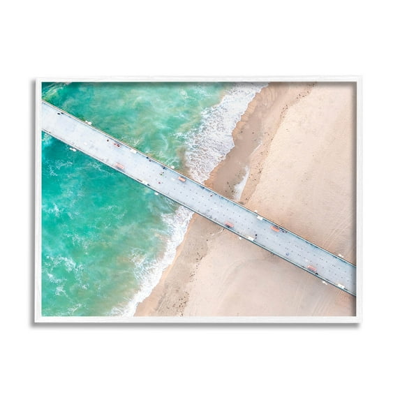 Aerial Ocean Beach Bridge Coastal Photograph White Framed Art Print Wall Art