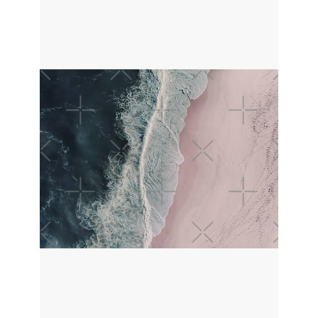Aerial Ocean Beach Print, Pink Sand, Crashing Waves, Dark Blue Sea