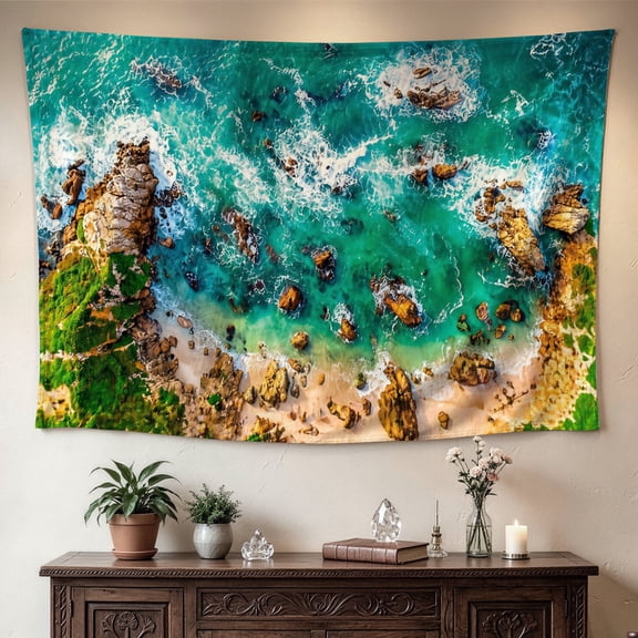 Aerial Ocean View Tropical Beach Waves Wall tapestry， Large size Printed Horizontal Tapestry blanket， Polyester Fabric Wall Hanging for bedroom， living room， No Installation Required， Indoor， Outdoor