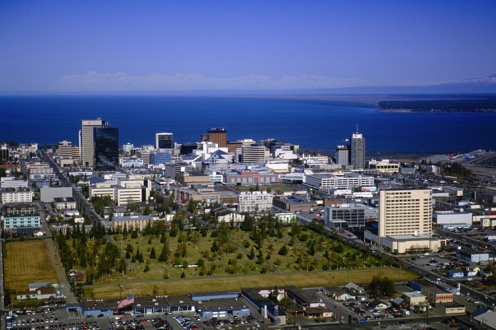 Aerial Of Anchorage Skyline Summer Alaska Canvas Art - Jeff Schultz Design Pics (17 x 11)
