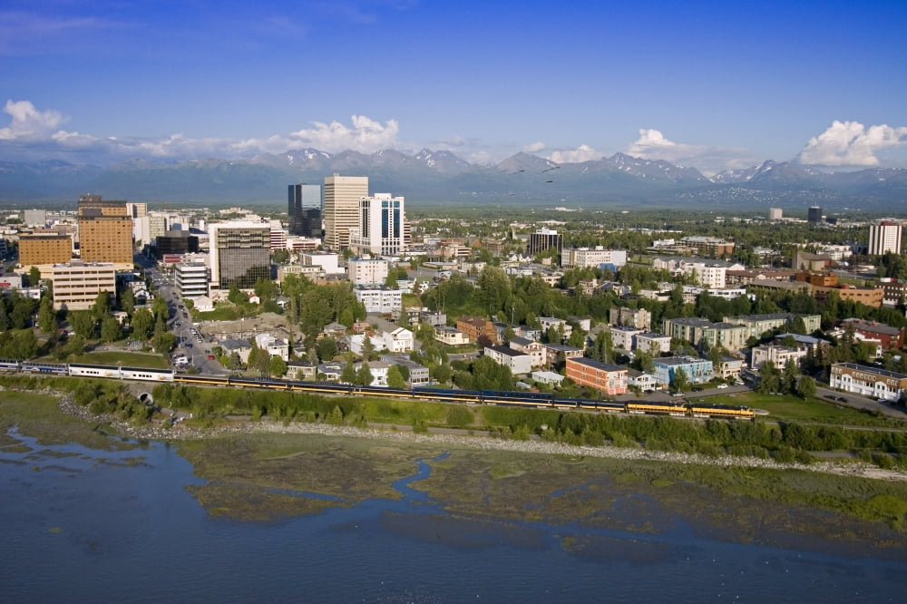 Aerial Of Downtown Anchorage With Chugach Mtns In Distance Southcentral Alaska Summer Canvas Art - Jeff Schultz Design Pics (17 x 11)