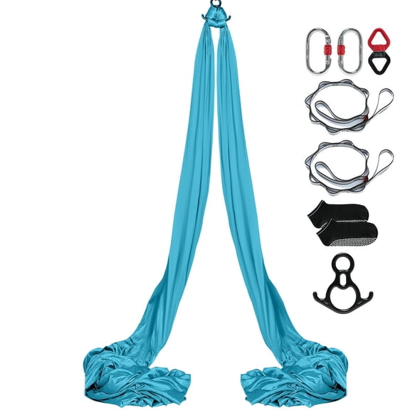 Aerial Silk and Yoga Swing Hammock Kit, 11 Yards Blue Aerial Yoga Hammock with 100gsm Nylon Fabric, Full Rigging Hardware, Easy Setup Guide for Indoor Outdoor Fitness, Stretching and Training