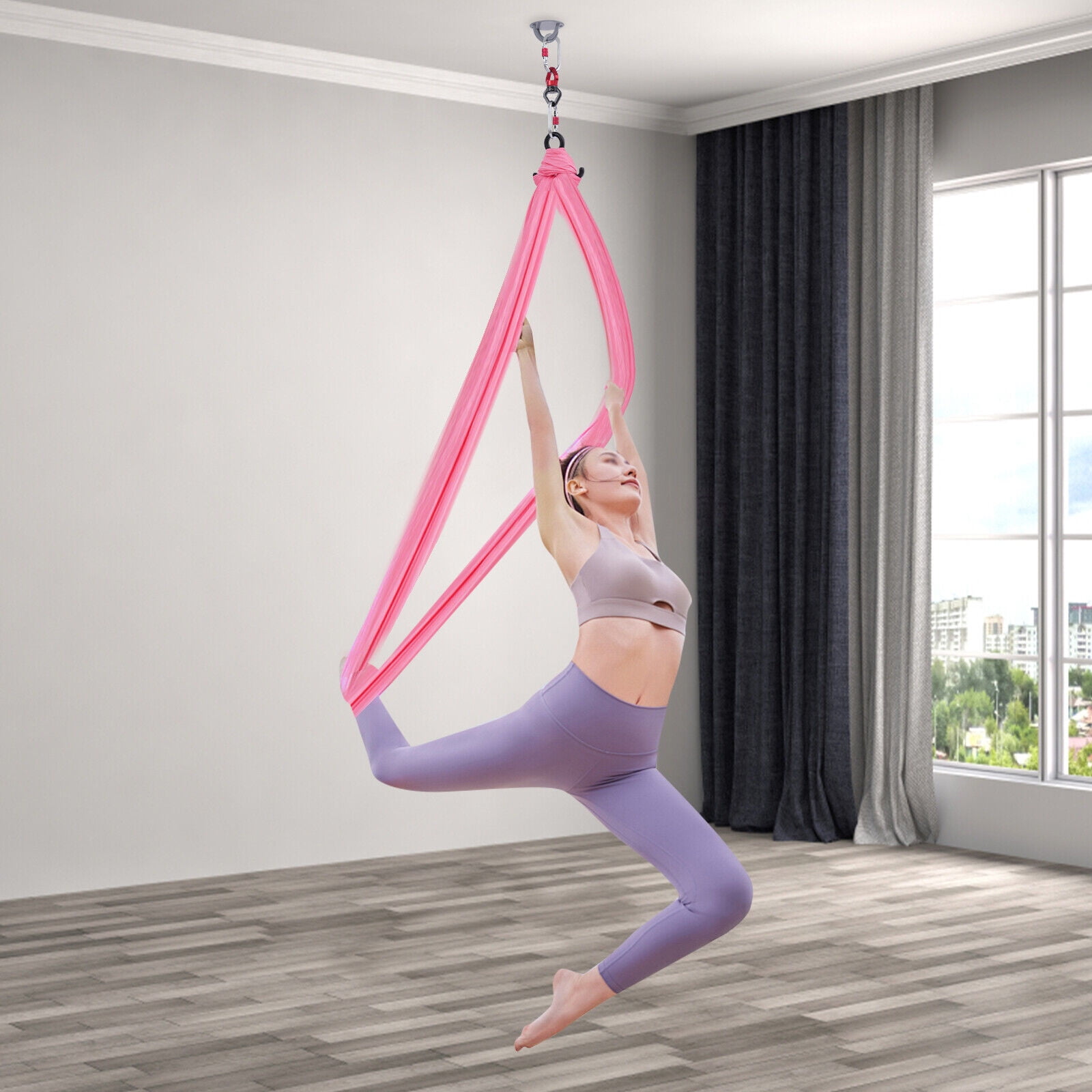 Aerial Silk Yoga Swing Set 3*2.8m/9.84*9.2ft Hammock Trapeze Inversion Fly Pink