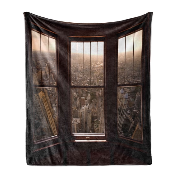 Aerial Soft Flannel Fleece Throw Blanket, Urban View from the Window View City Dusk Building North American Town Scene, Cozy Plush for Indoor and Outdoor Use, 60" x 80", Brown and Taupe, by Ambesonne