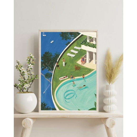 Aerial Summer Pool Scene Werner Bronkhorst Style Graphic Poster Unframed Paper Print
