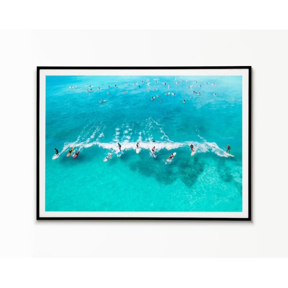 Aerial Surfers Beach Print Coastal Ocean Wave Art, Unframed Paper Poster 8x10in