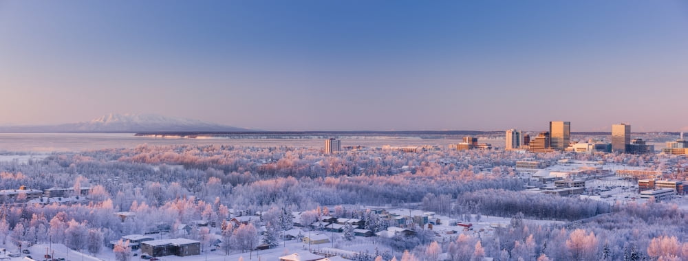 Aerial View Of Downtown Anchorage At Sunset Hoarfrost On The Trees Alpenglow On Mount Susitna Winter Anchorage Southcentral Alaska Usa Canvas Art - Kevin Smith Design Pics (35 x 13)