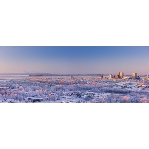Aerial View Of Downtown Anchorage At Sunset Hoarfrost On The Trees Alpenglow On Mount Susitna Winter Anchorage Southcentral Alaska Usa Canvas Art - Kevin Smith Design Pics (35 x 13)