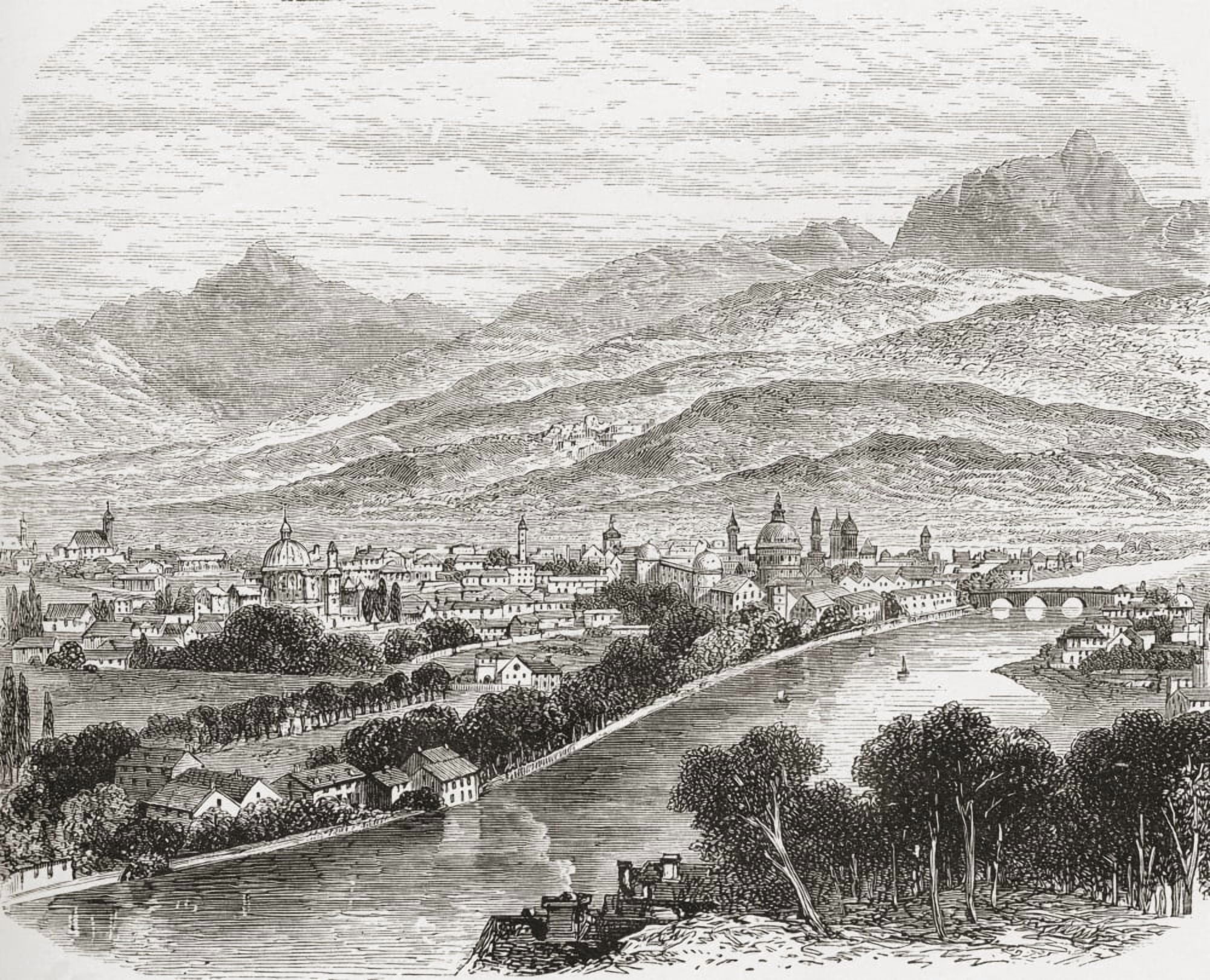 Aerial View Of Innsbruck Tyrol Austria In The 19Th Century From Pictures From The German Fatherland Published C1880 Canvas Art - Ken Welsh Design Pics (34 x 26)