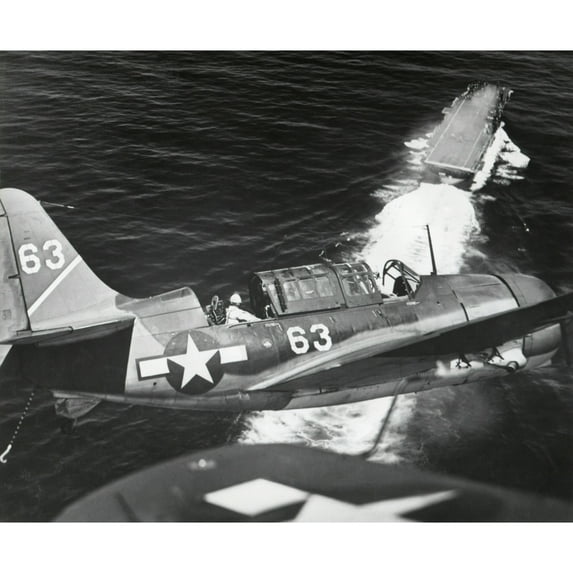 Aerial View Of A Curtiss Helldiver In The Landing Circle Above The Uss Yorktown. Photo Taken In The Pacific In World War