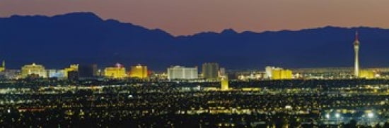 Aerial View Of Buildings Lit Up At Dusk Las Vegas Nevada USA Canvas Art - Panoramic Images (36 x 12)