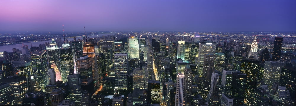 Aerial View Of Midtown Manhattan Illuminated At Dusk Canvas Art - Marc Jackson Design Pics (35 x 12)