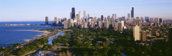 Aerial View Of Skyline Chicago Illinois USA Canvas Art - Panoramic Images (36 x 12)