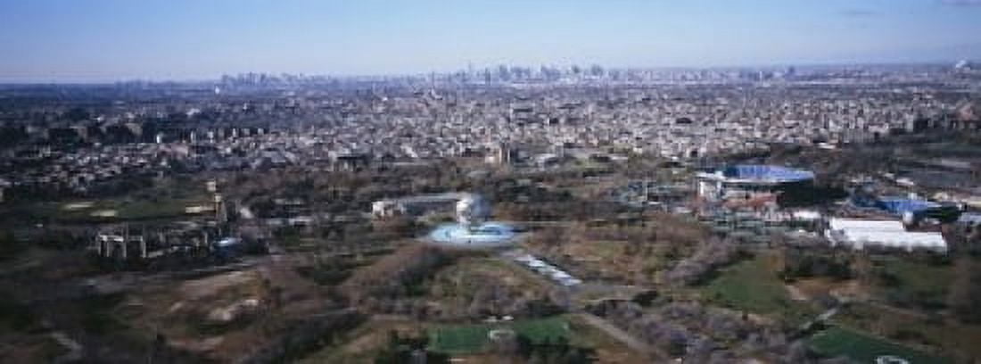 Aerial View Of Worlds Fair Globe From Queens Looking Towards Manhattan NYC New York City New York State USA Canvas Art - Panoramic Images (18 x 7)