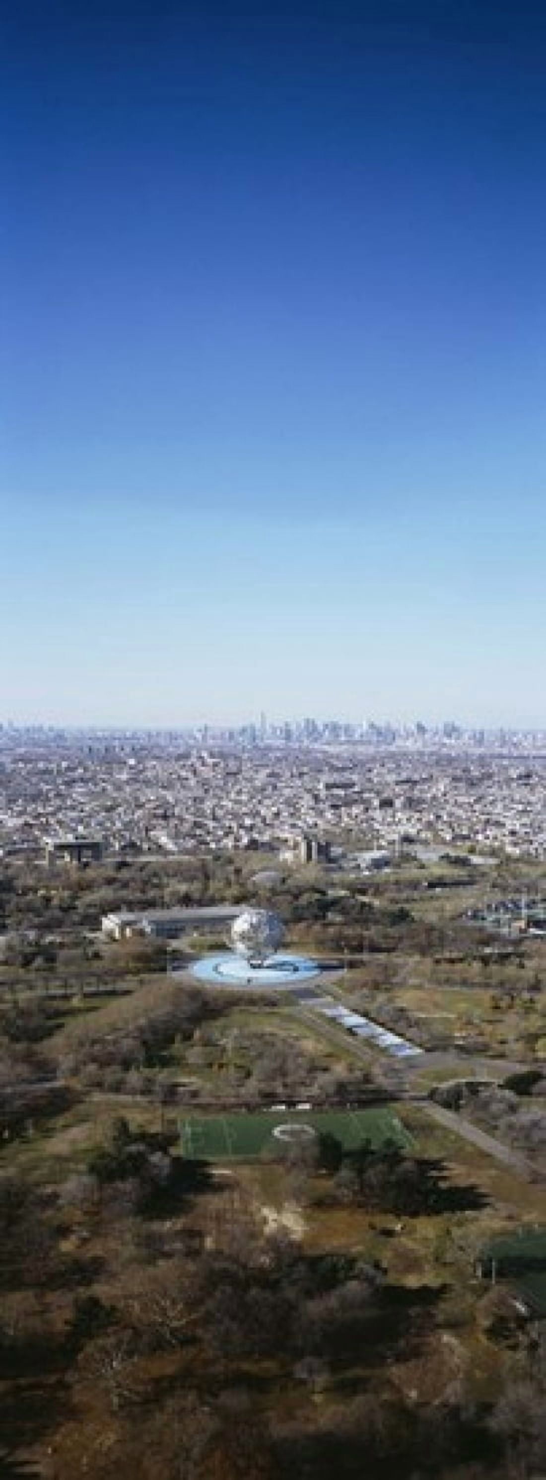 Aerial View Of Worlds Fair Globe From Queens Looking Towards Manhattan NYC New York City New York State USA Canvas Art - Panoramic Images (36 x 13)