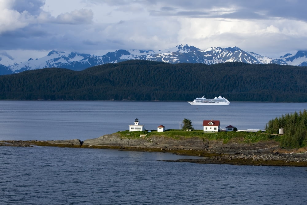 Aerial View Of Point Retreat Light House At The Tip Of Mansfield Penninsula With Admiralty Island And A Cruise Ship In The Background Southeast Alaska Canvas Art - John Hyde Design Pics (17 x 11)