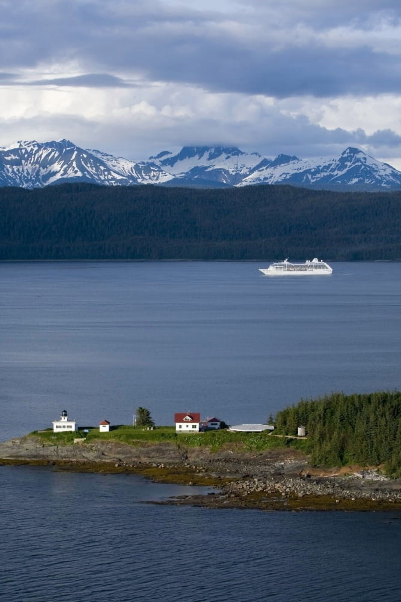 Aerial View Of Point Retreat Light House At The Tip Of Mansfield Penninsula With Admiralty Island And A Cruise Ship In The Background Southeast Alaska Canvas Art - John Hyde Design Pics (11 x 17)