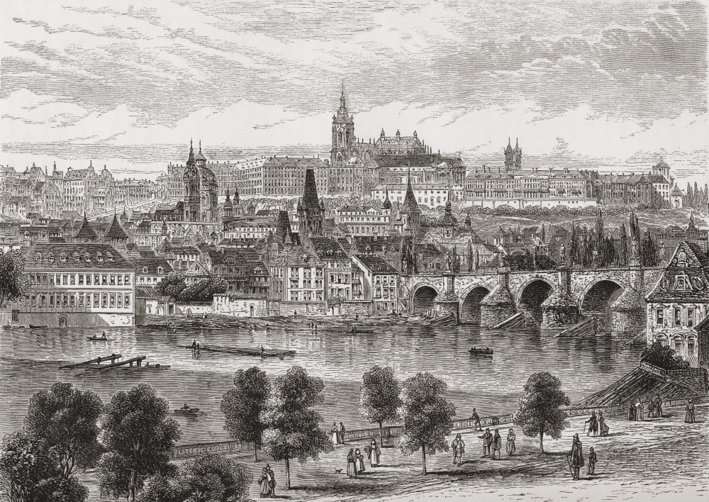 An Aerial View Of Prague Czech Republic In The 19Th Century From Pictures From The German Fatherland Published C1880 Canvas Art - Ken Welsh Design Pics (18 x 13)