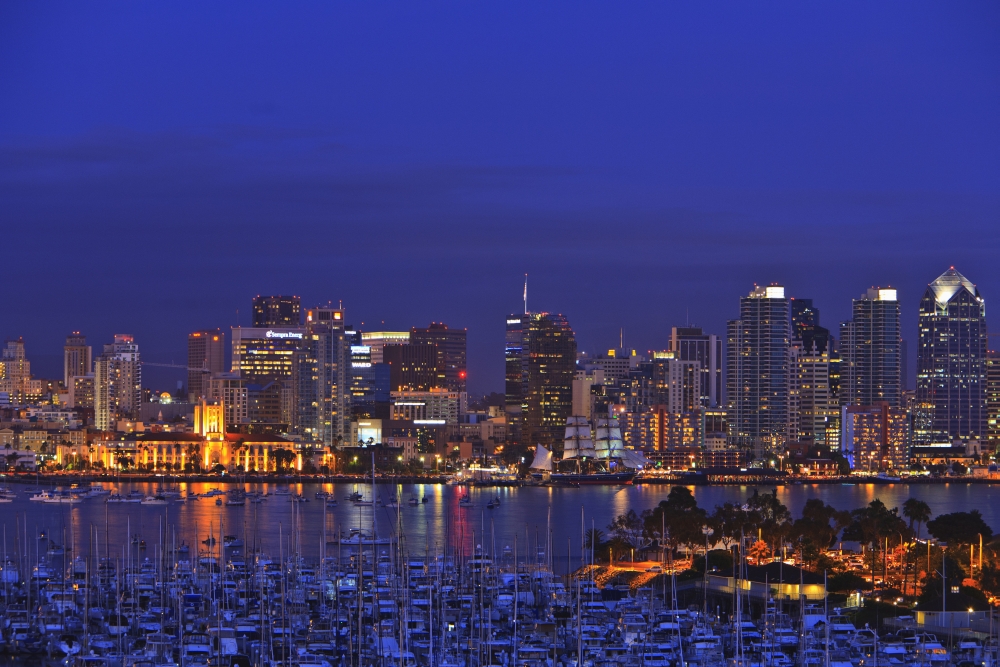 Aerial View Of San Diego Skyline With Harbor Island Boats In The Foreground San Diego California United States of America Canvas Art - Stuart Westmorland Design Pics (19 x 12)