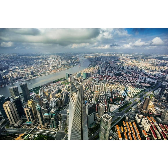 Aerial View Shanghai World Financial Center and Shanghai Skyline Photo Photograph Cool Wall Art Print Poster 24x16