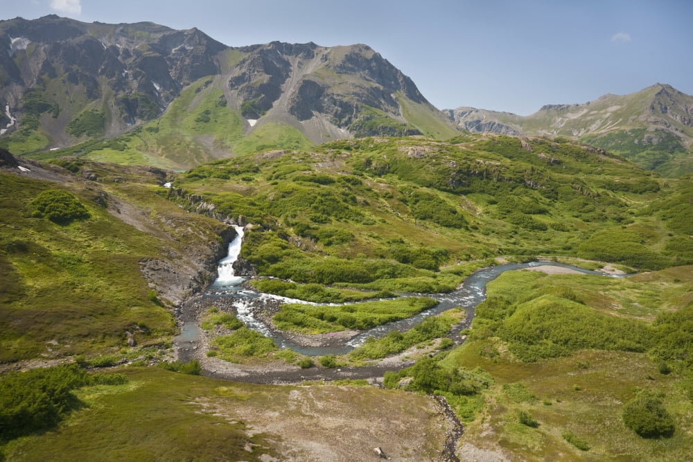 Aerial View Of Waterfall And River In Kenai Mountains Kachemak Bay State Park Near Homer Kenai Penninsula Alaska Summer Canvas Art - Jeff Schultz Design Pics (38 x 24)
