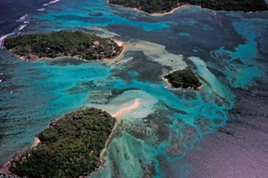 Aerial View of Ste Anne Marine National Park Seychelles Canvas Art - Nik Wheeler DanitaDelimont (35 x 24)