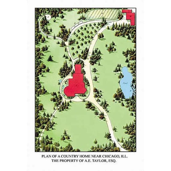 Aerial Views of landscape plans rendered by a landscape architect showing the house in its setting amidst plantings and trees Poster Print by J. Weidermann (24 x 36)