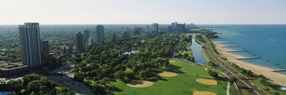 Aerial view of apartment buildings and Lincoln Park along the lake North Avenue Beach Chicago Cook County Illinois USA Canvas Art - Panoramic Images (6 x 18)