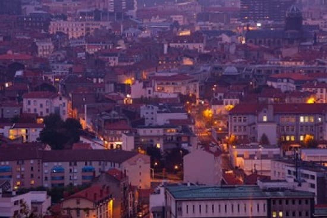 Aerial view of building lit up at dusk viewed from Parc de Montjuzet Clermont-Ferrand Auvergne Puy-de-Dome France Canvas Art - Panoramic Images (36 x 24)