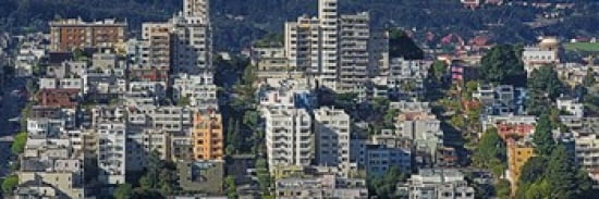 Aerial view of buildings in a city Russian Hill Lombard Street and Crookedest Street San Francisco California USA Canvas Art - Panoramic Images (36 x 12)