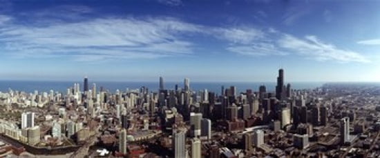 Aerial view of a cityscape with Lake Michigan in the background Chicago River Chicago Cook County Illinois USA Canvas Art - Panoramic Images (30 x 13)