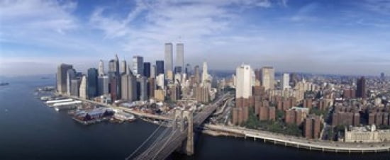 Aerial view of Brooklyn Bridge and Manhattan skyline New York City New York State USA Canvas Art - Panoramic Images (30 x 13)