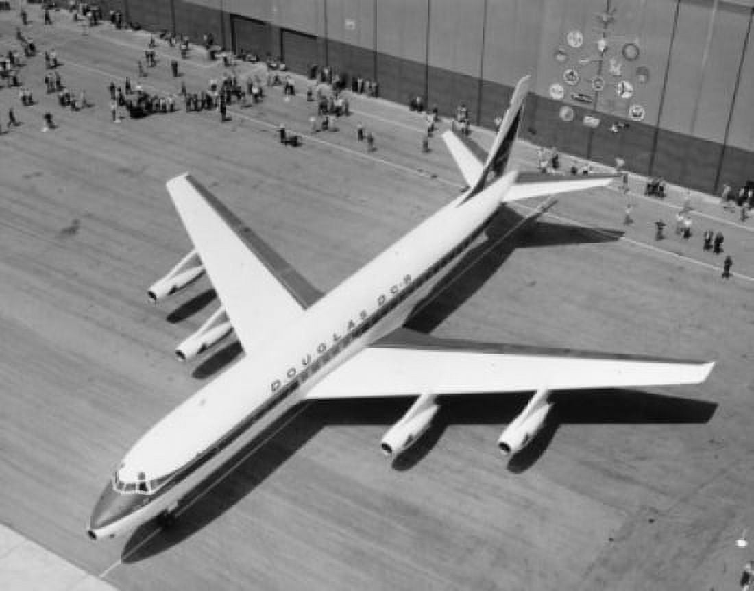 Aerial view of Douglas DC-8 airplane at airport Canvas Art - (18 x 24)