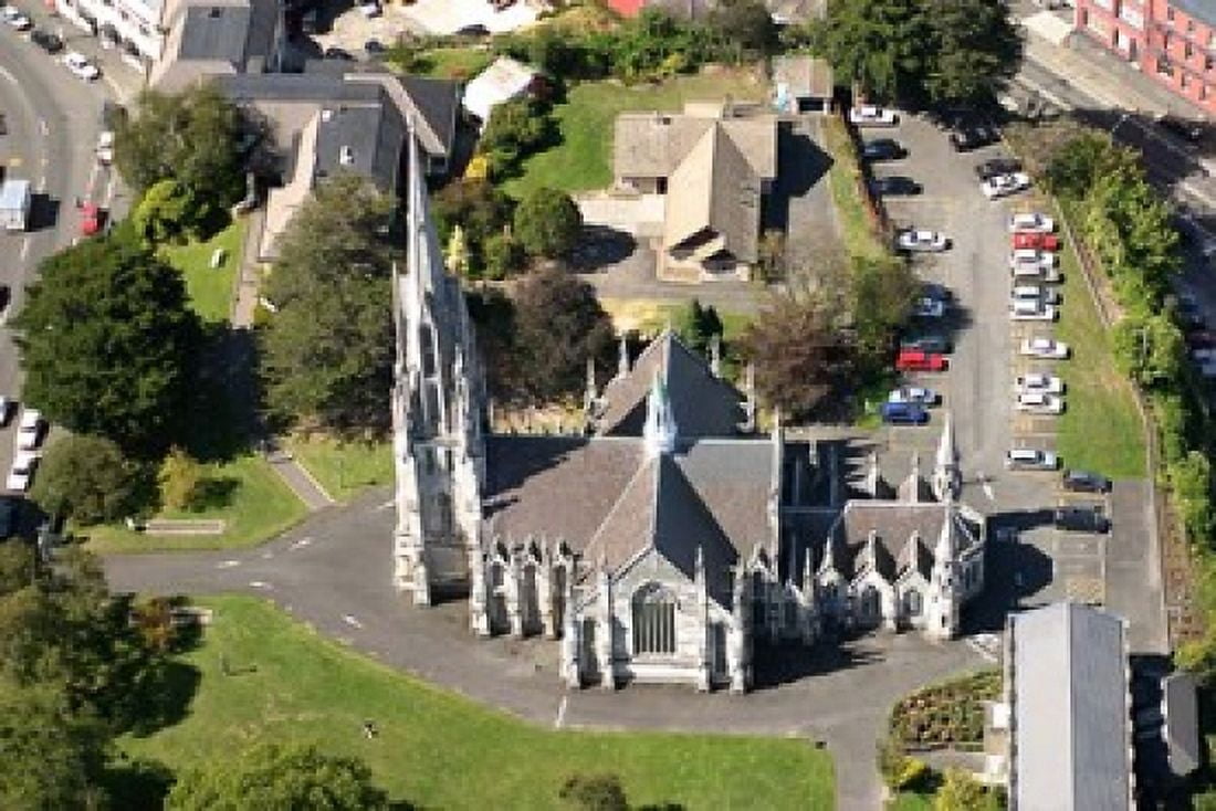 Aerial view of First Church Dunedin New Zealand Canvas Art - David Wall DanitaDelimont (34 x 23)